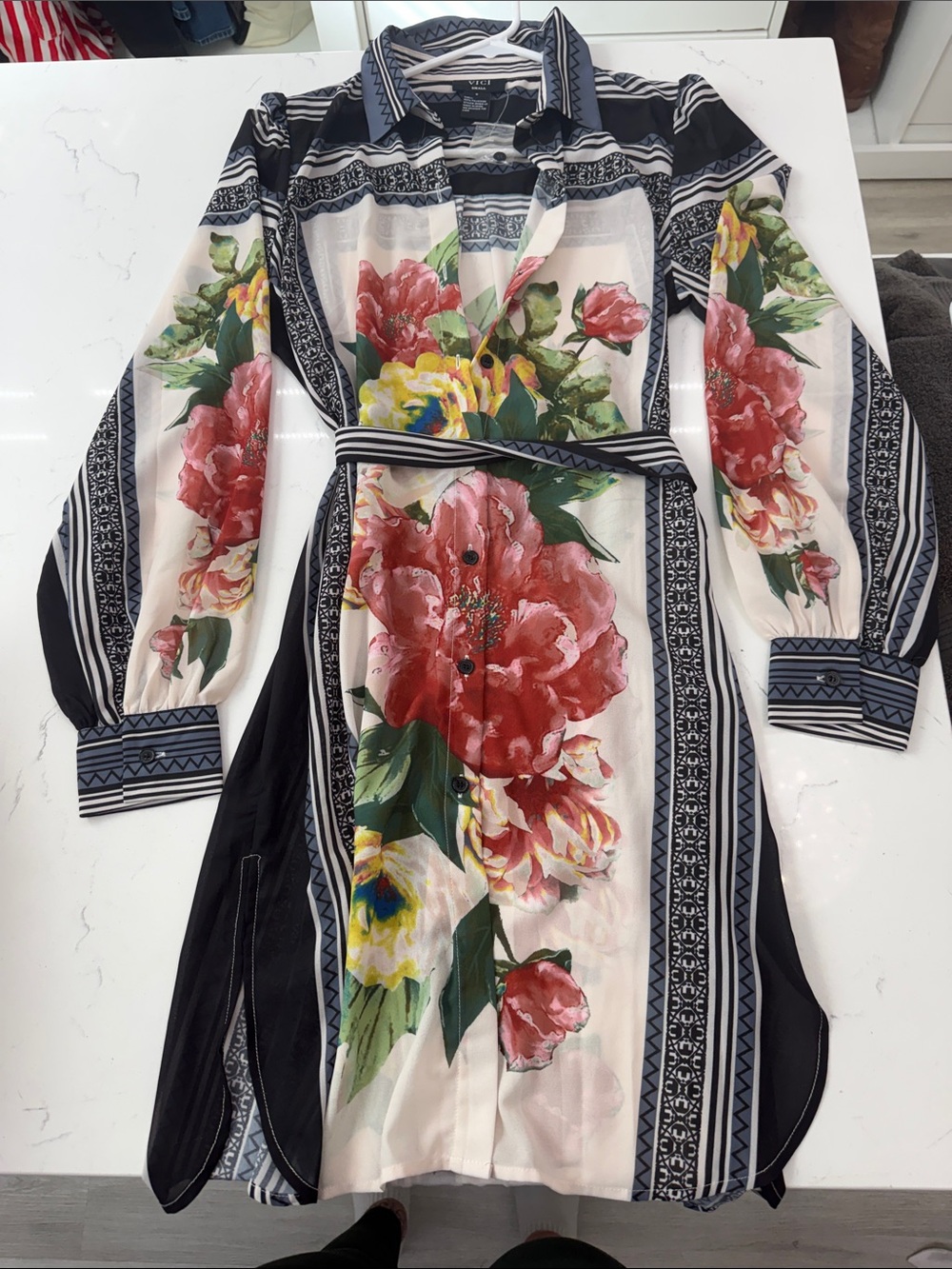 Vici Black, Cream & Red Floral Belted Long-Sleeve Shirt Dress